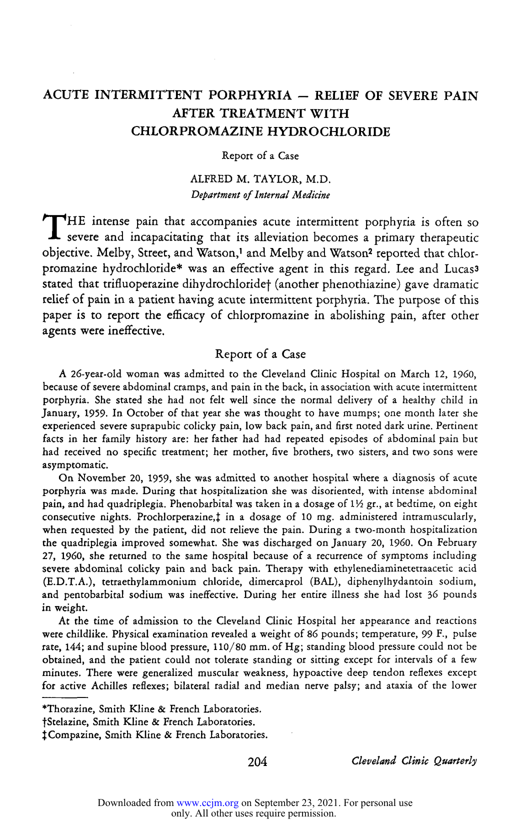 Acute Intermittent Porphyria - Relief of Severe Pain After Treatment with Chlorpromazine Hydrochloride