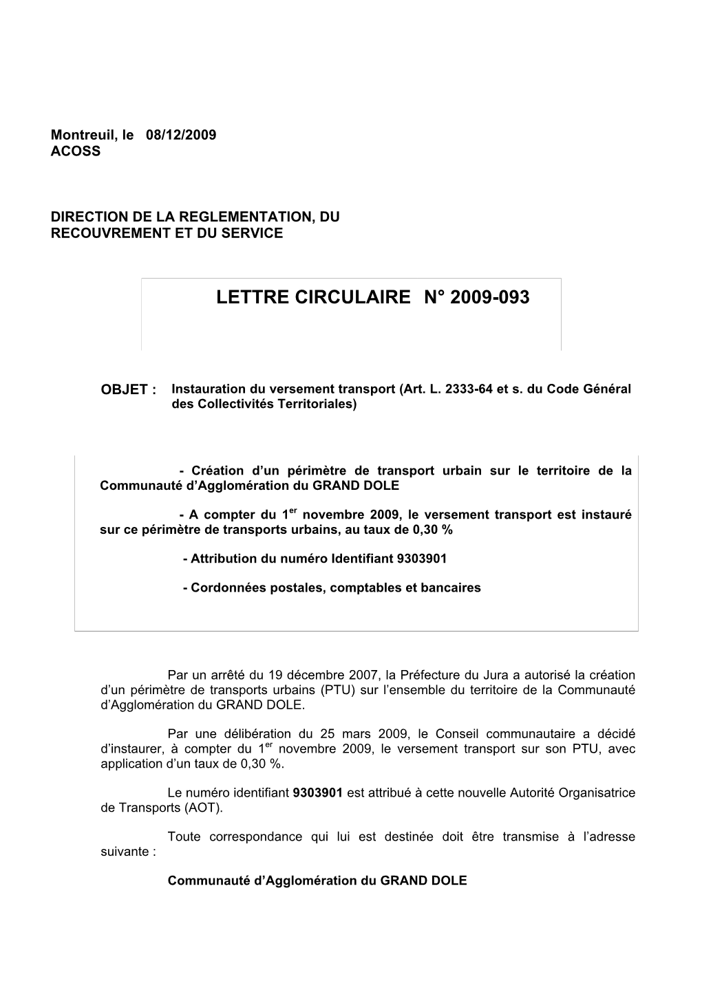 Lettre Circulaire N° 2009-093