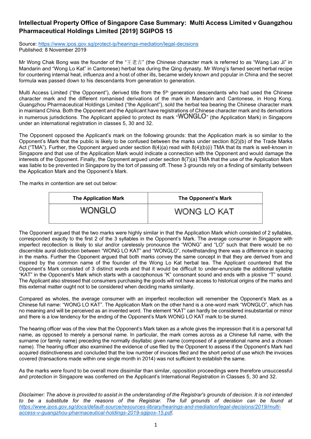 Multi Access Limited V Guangzhou Pharmaceutical Holdings Limited [2019] SGIPOS 15