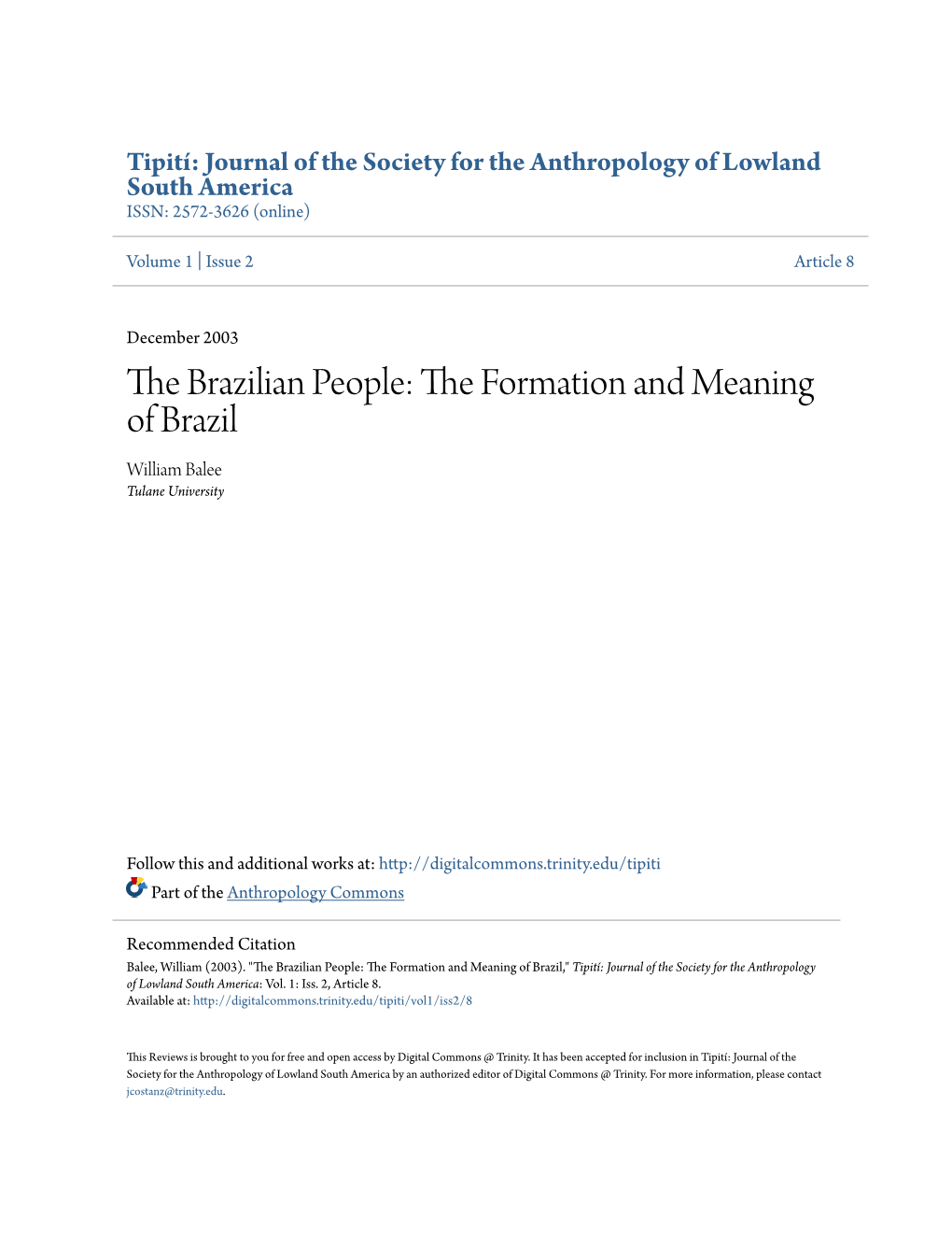 The Brazilian People: the Formation and Meaning of Brazil