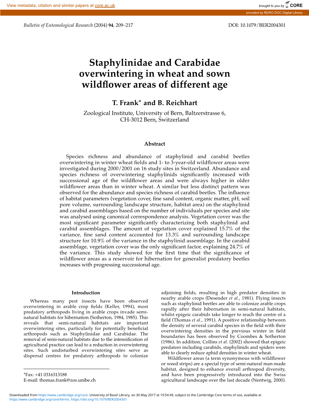 Staphylinidae and Carabidae Overwintering in Wheat and Sown Wildﬂower Areas of Different Age