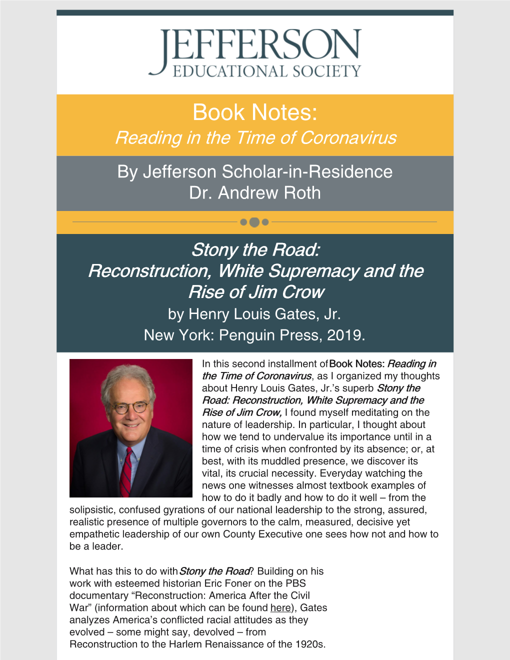 Book Notes: Reading in the Time of Coronavirus by Jefferson Scholar-In-Residence Dr