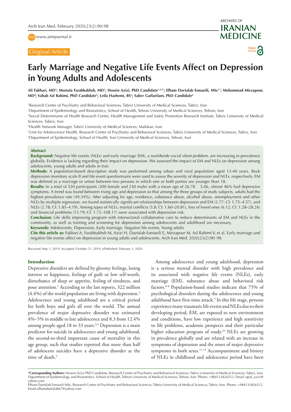 Early Marriage and Negative Life Events Affect on Depression in Young Adults and Adolescents