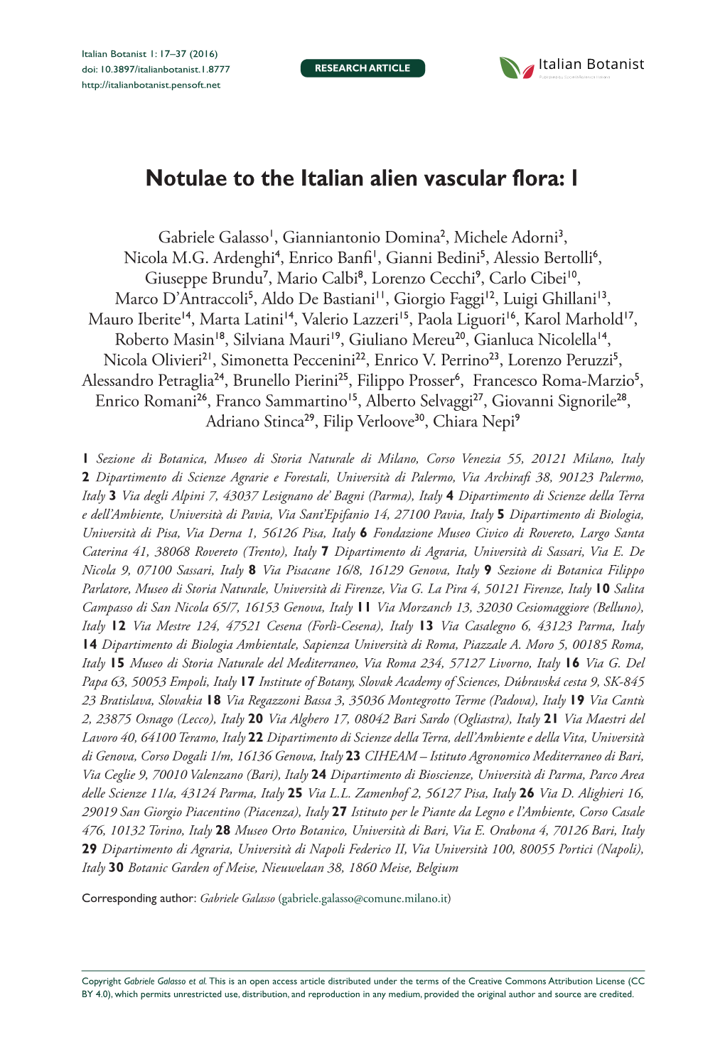 Notulae to the Italian Alien Vascular Flora: 1 17 Doi: 10.3897/Italianbotanist.1.8777 RESEARCH ARTICLE