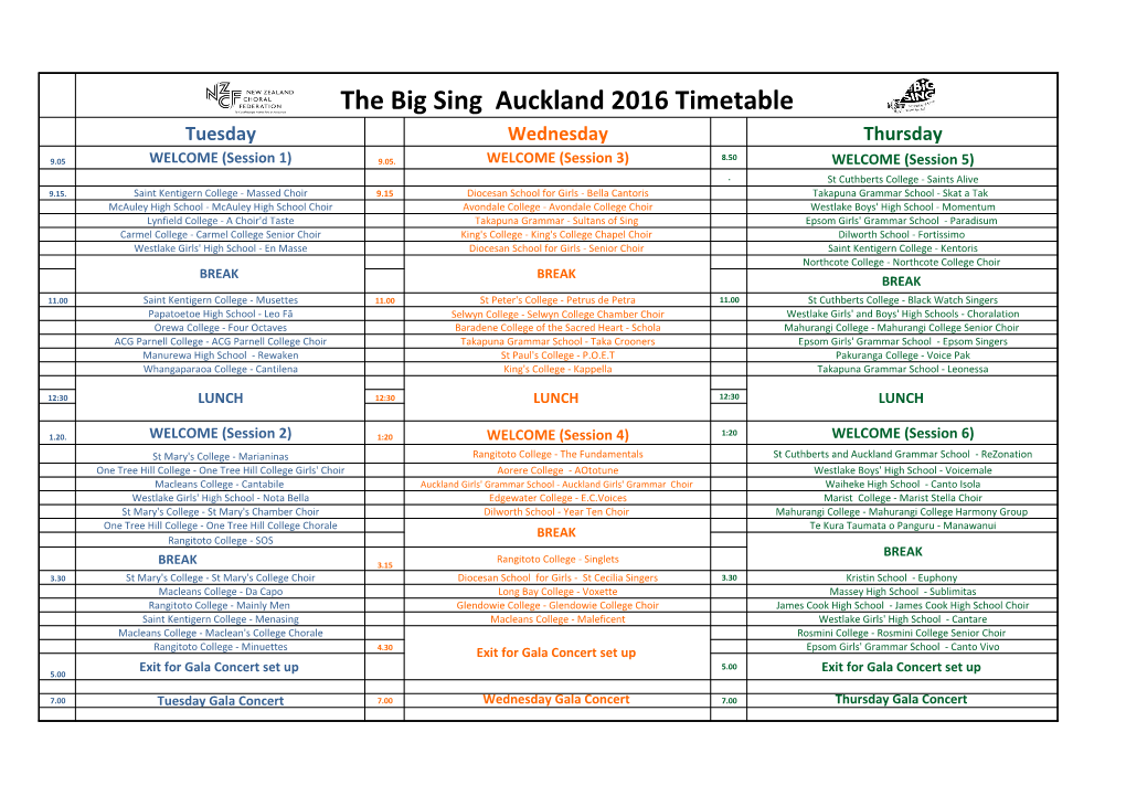 The Big Sing Auckland 2016 Timetable Tuesday Wednesday Thursday