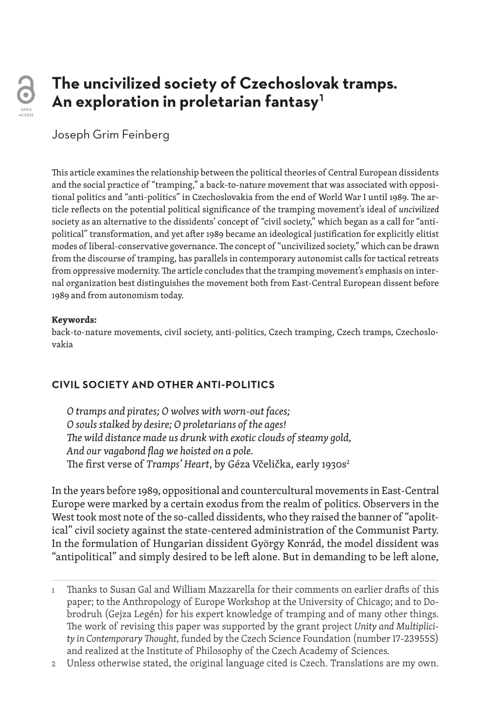 The Uncivilized Society of Czechoslovak Tramps. an Exploration in Proletarian Fantasy1 OPEN ACCESS Joseph Grim Feinberg