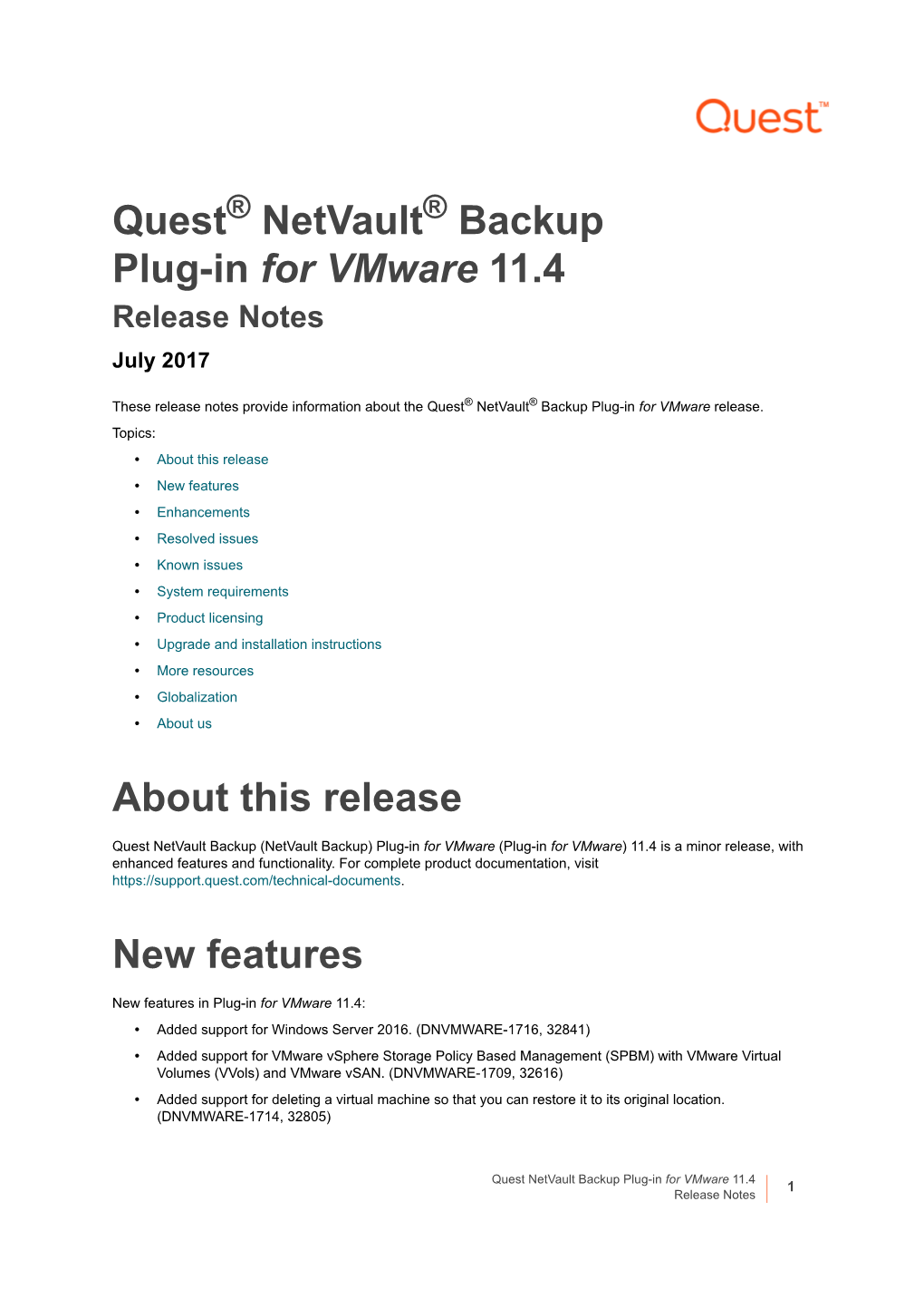 Netvault Backup Plug-In for Vmware 11.4 1 Release Notes Enhancements