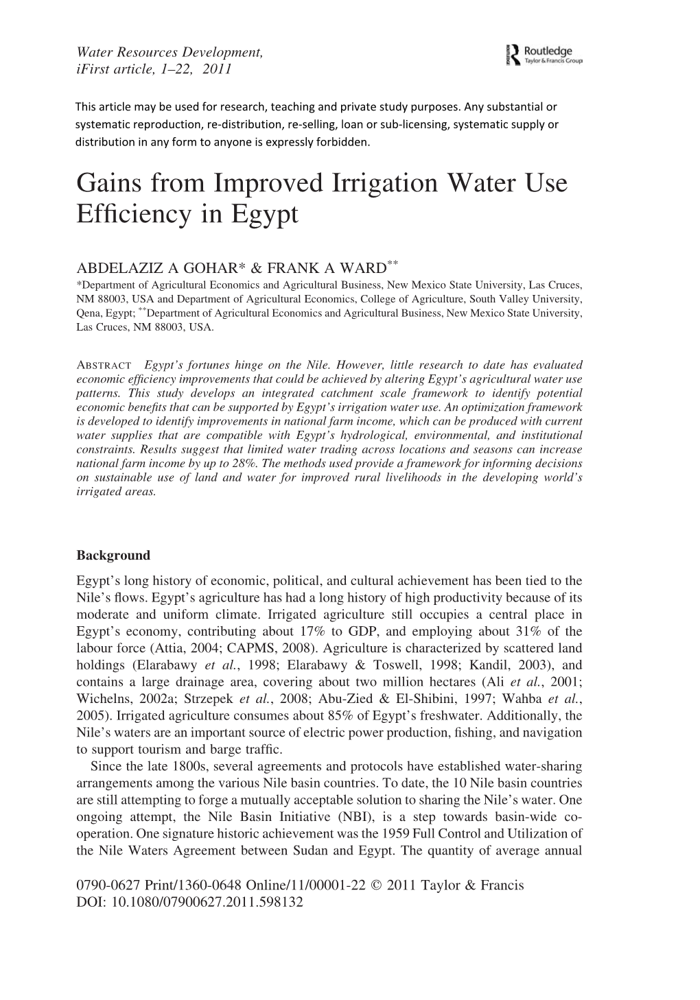 Gains from Improved Irrigation Water Use Efficiency in Egypt