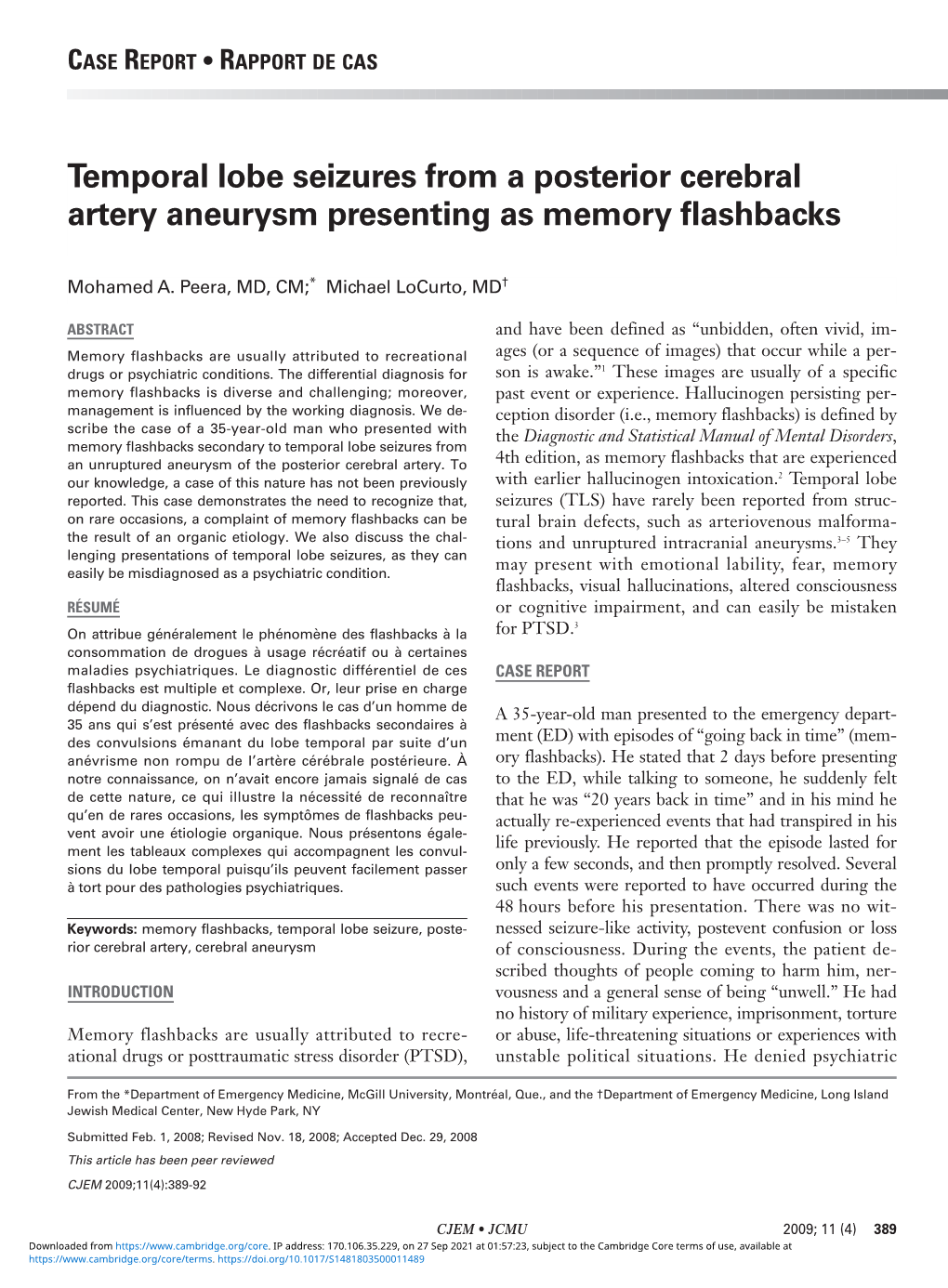 Temporal Lobe Seizures from a Posterior Cerebral Artery Aneurysm Presenting As Memory Flashbacks