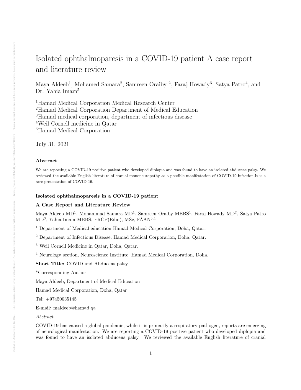 Isolated Ophthalmoparesis in a COVID-19 Patient a Case Report And