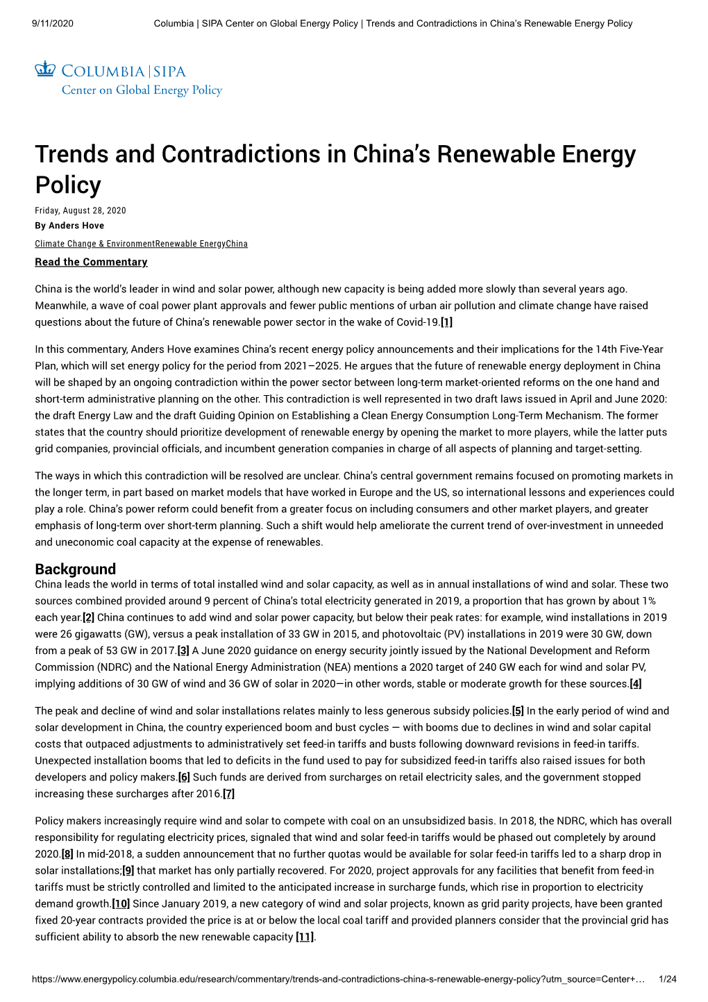 Trends and Contradictions in China's Renewable Energy Policy