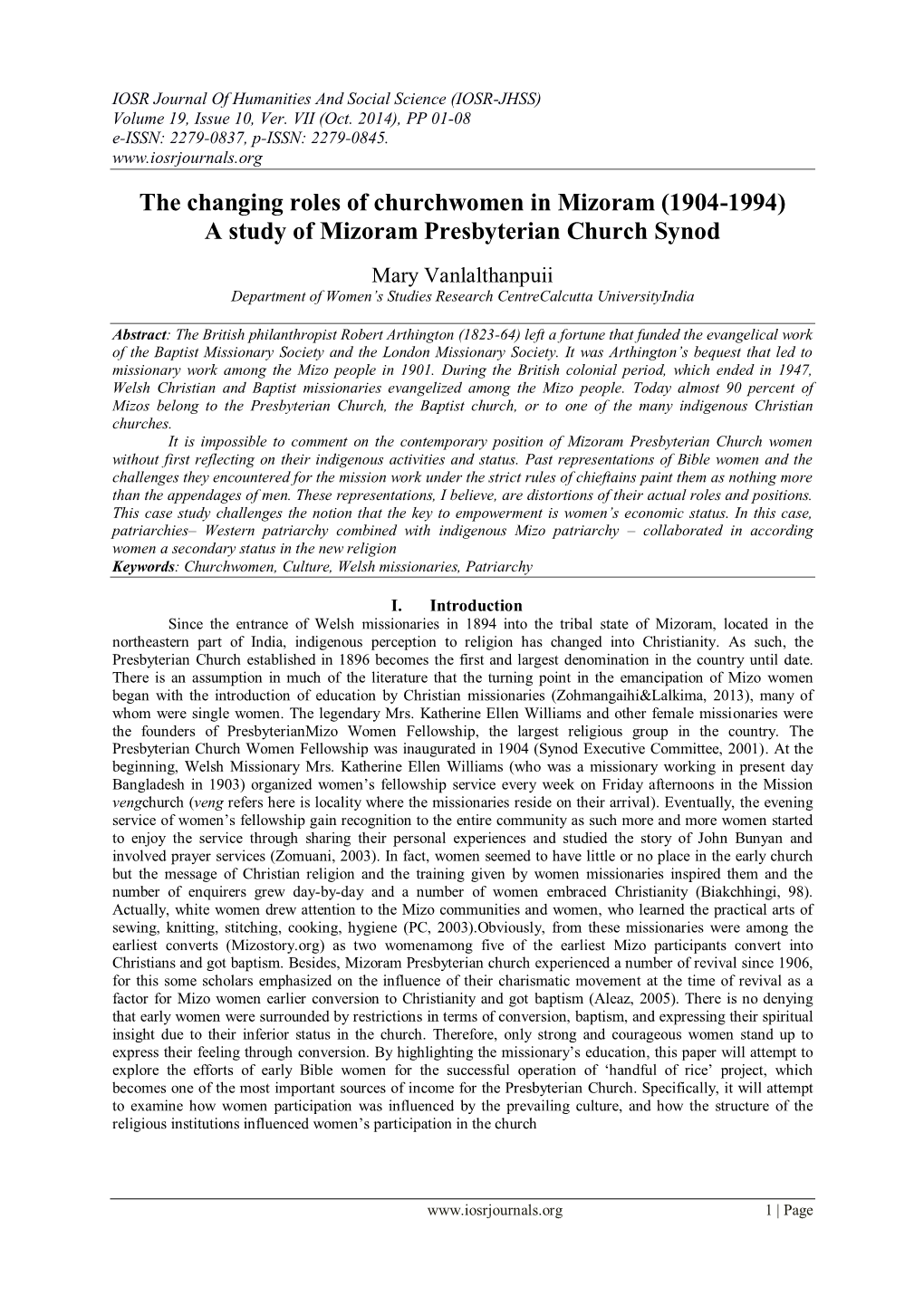 A Study of Mizoram Presbyterian Church Synod