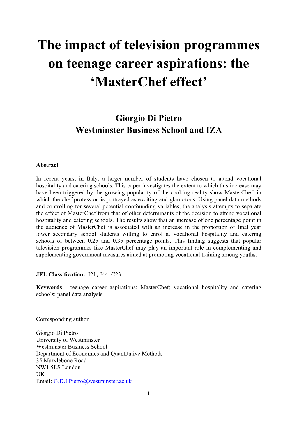 The Impact of Television Programmes on Teenage Career Aspirations: the ‘Masterchef Effect’