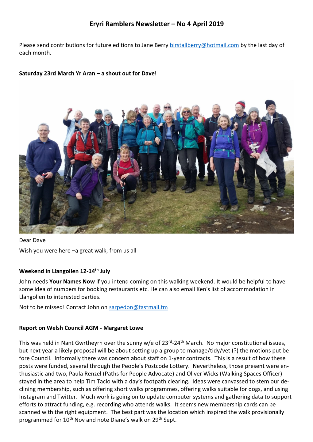 Eryri Ramblers Newsletter – No 4 April 2019