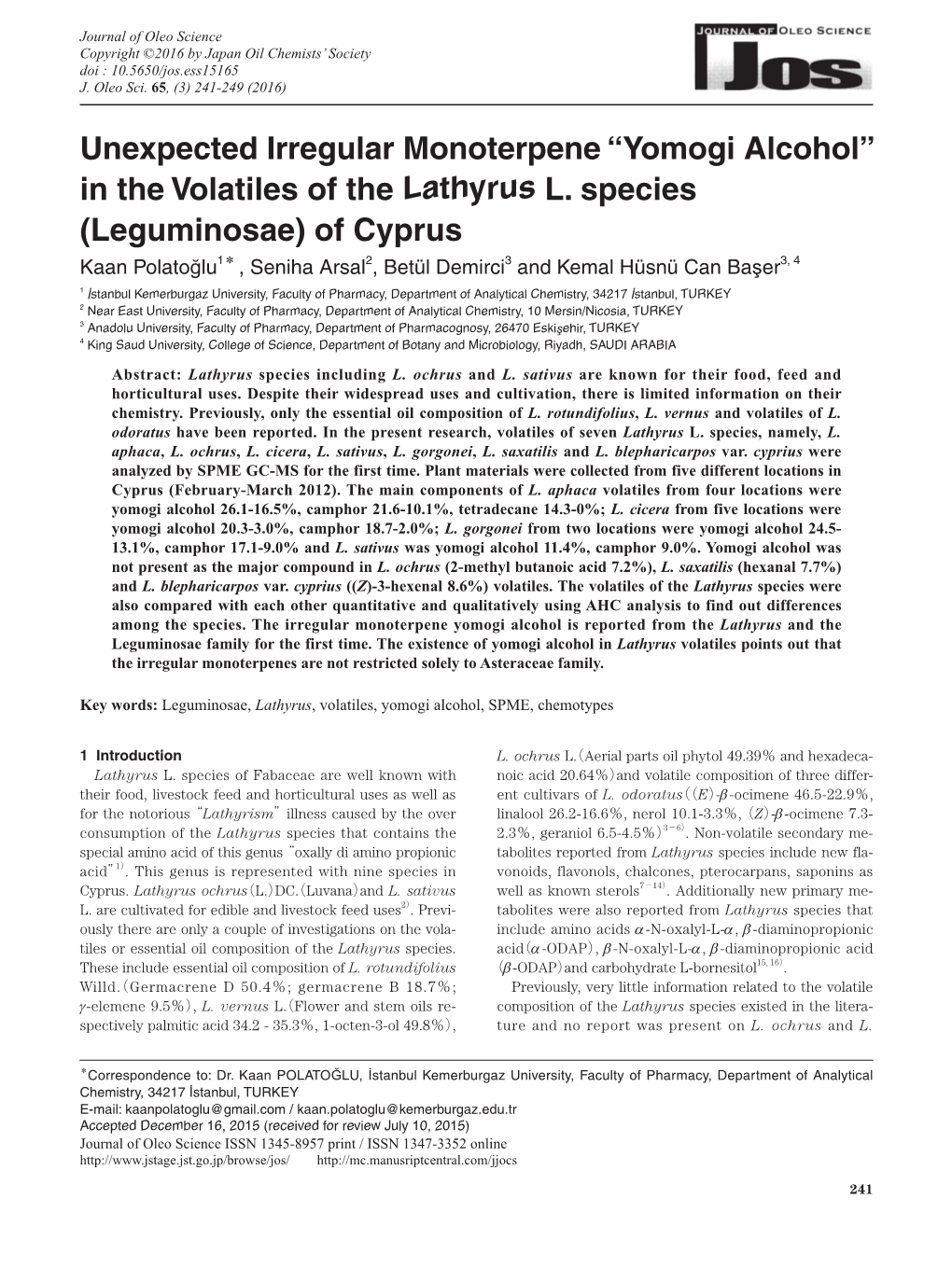 Unexpected Irregular Monoterpene “Yomogi Alcohol” in the Volatiles of the Lathyrus L