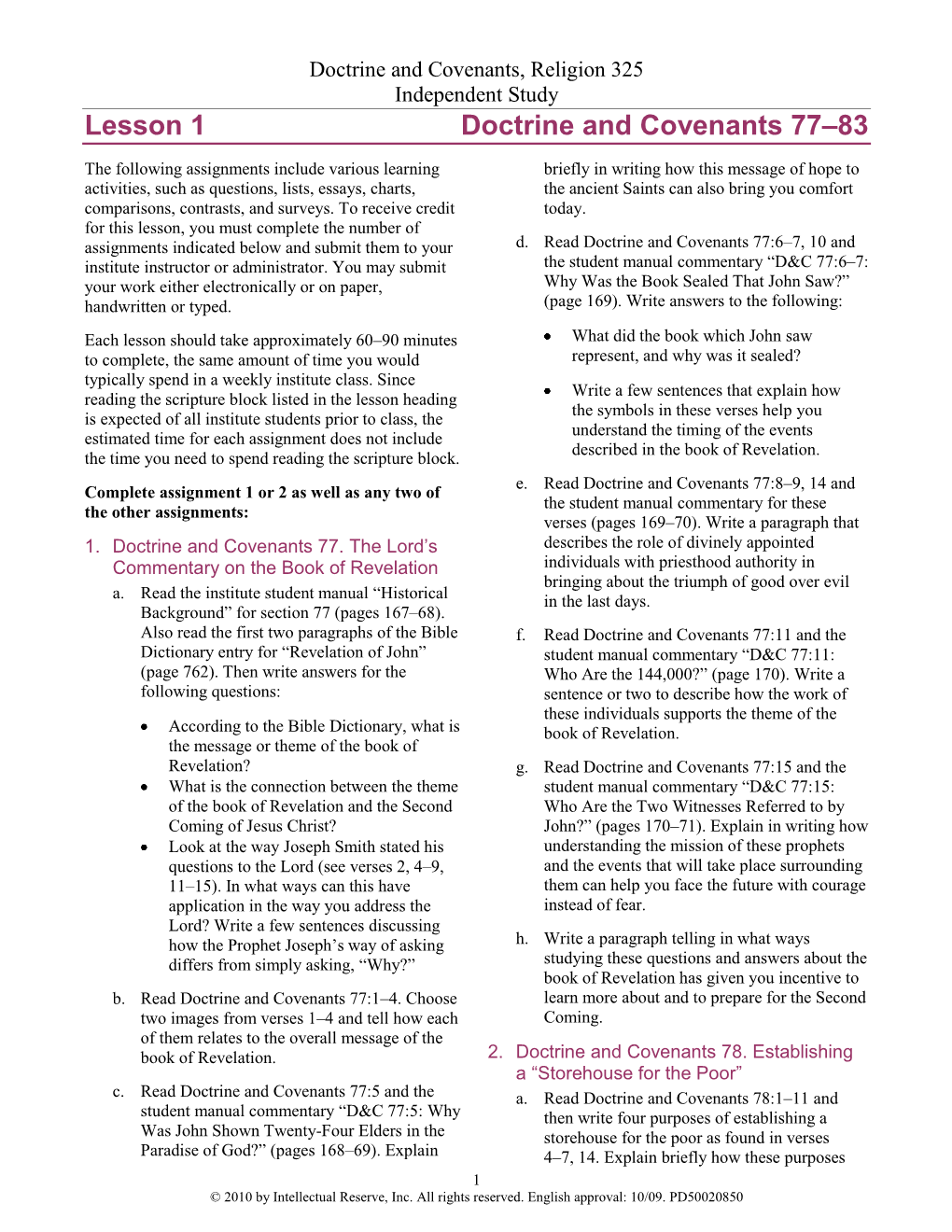 Lesson 1 Doctrine and Covenants 77–83