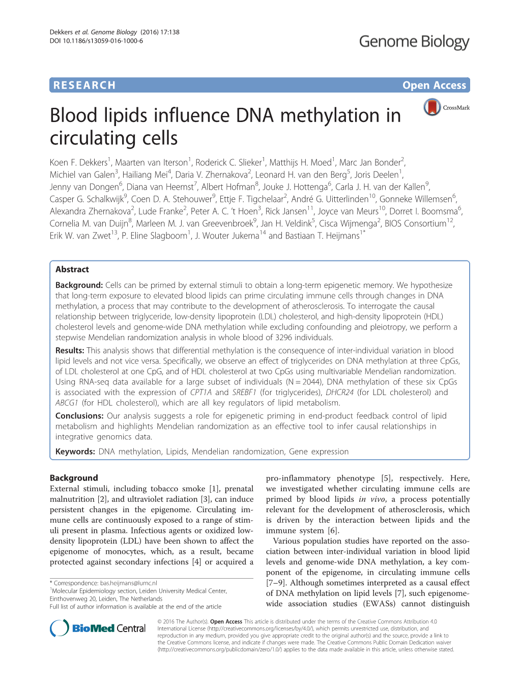 Blood Lipids Influence DNA Methylation in Circulating Cells Koen F