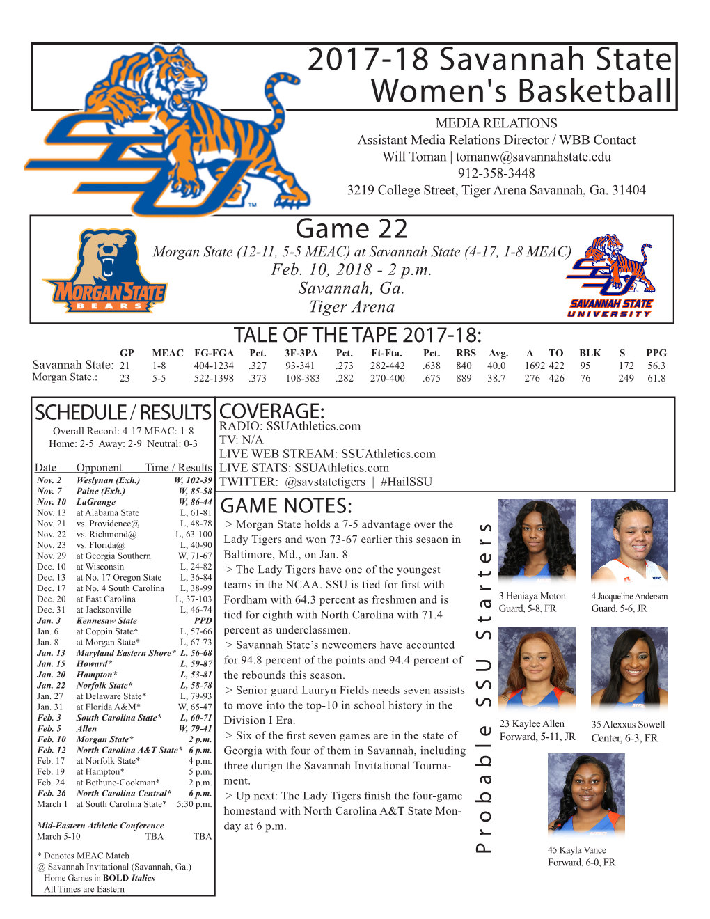 2017-18 Savannah State Women's Basketball