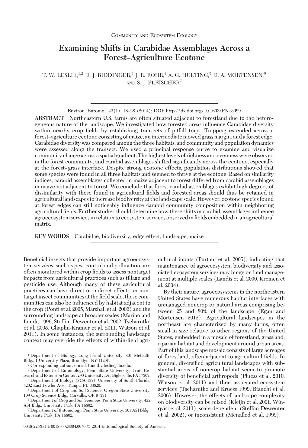 Examining Shifts in Carabidae Assemblages Across a Forest–Agriculture Ecotone