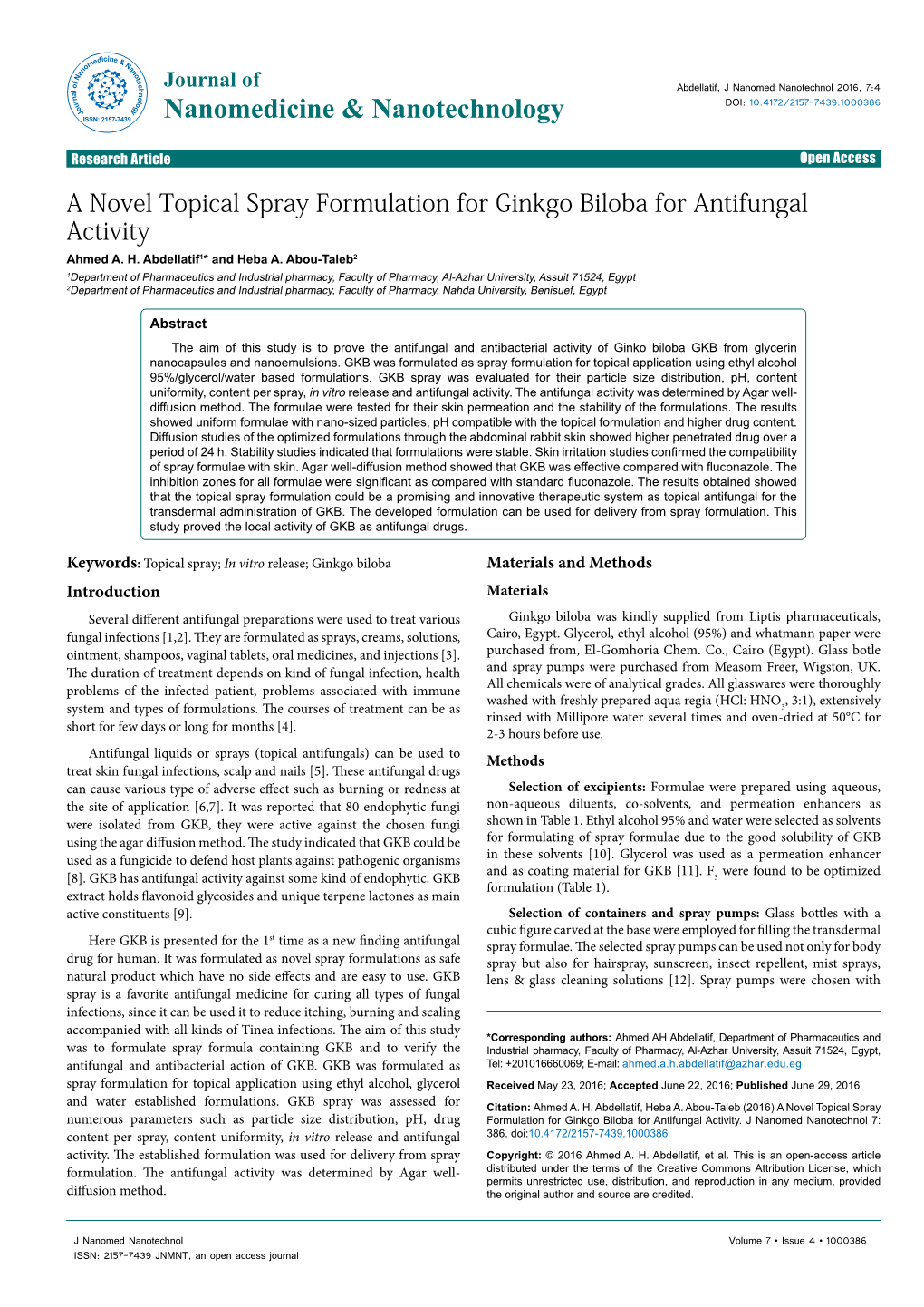 A Novel Topical Spray Formulation for Ginkgo Biloba for Antifungal Activity Ahmed A