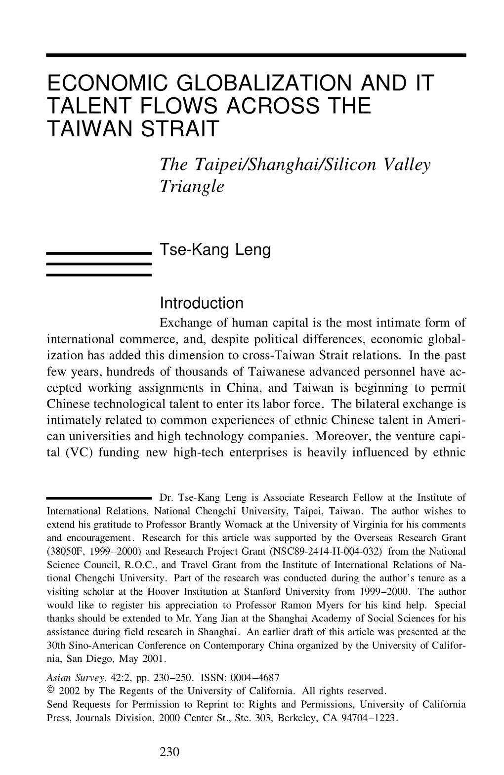 Economic Globalization and It Talent Flows Across the Taiwan Strait: the Taipei/Shanghai/Silicon Valley Triangle