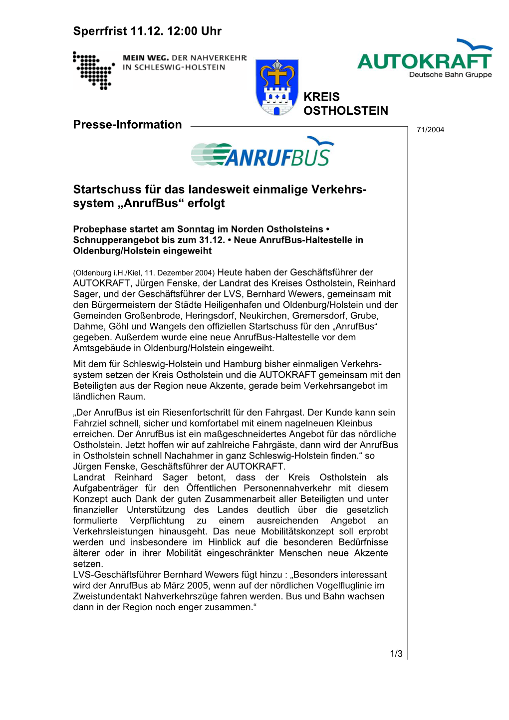 Sperrfrist 11.12. 12:00 Uhr KREIS OSTHOLSTEIN Presse-Information