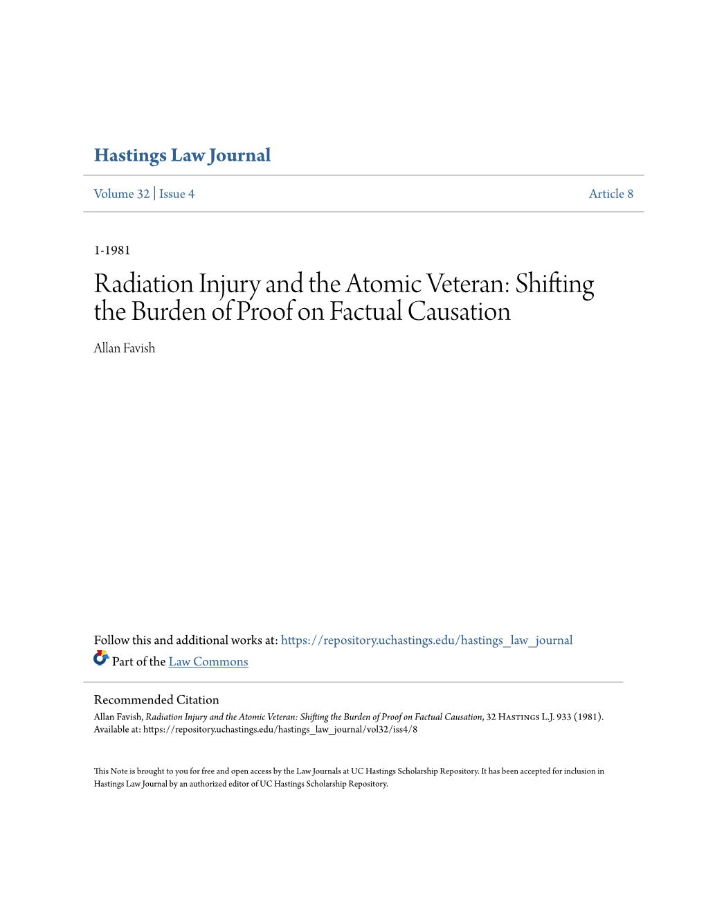 Radiation Injury and the Atomic Veteran: Shifting the Burden of Proof on Factual Causation Allan Favish