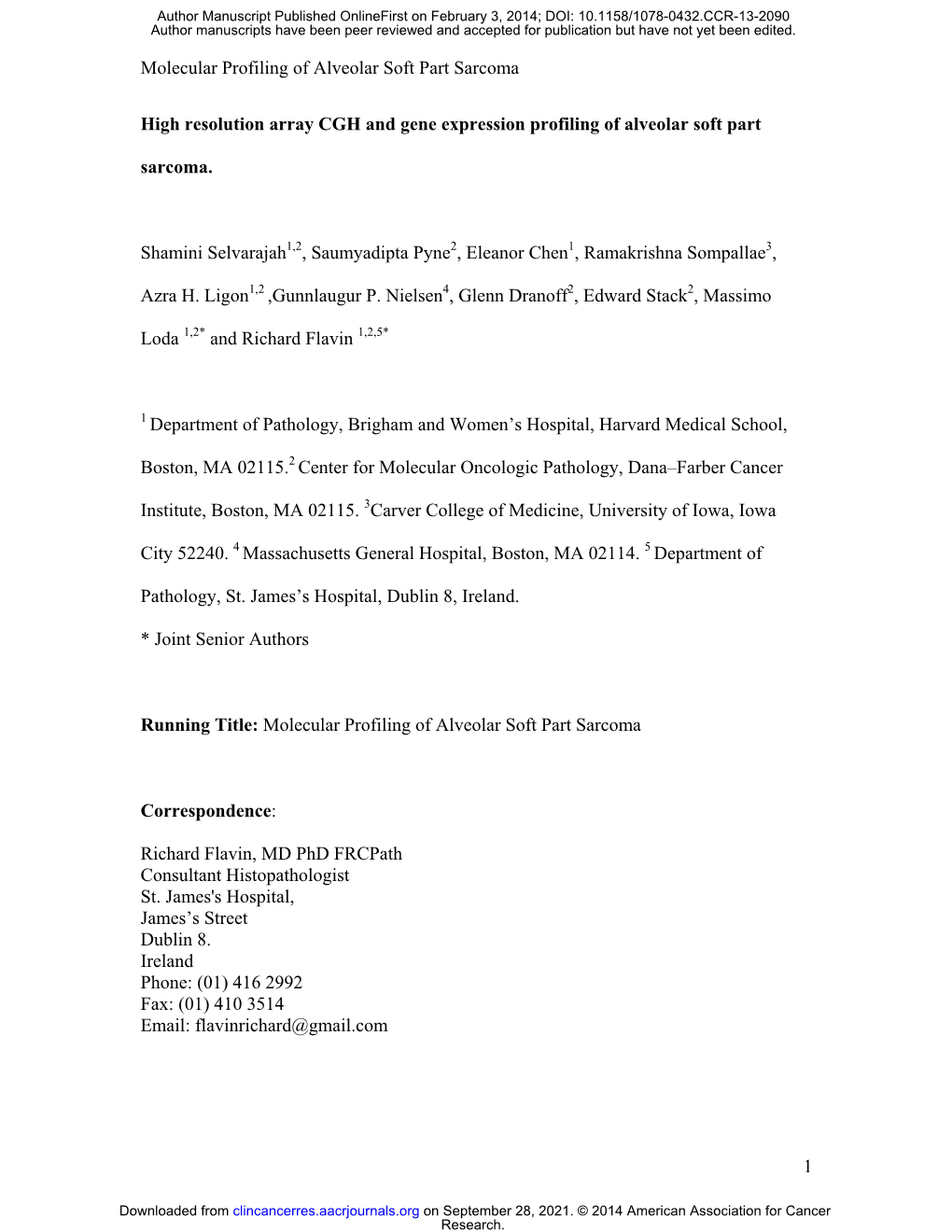 Alveolar Soft Part Sarcoma High Resolution Array CGH and Gene