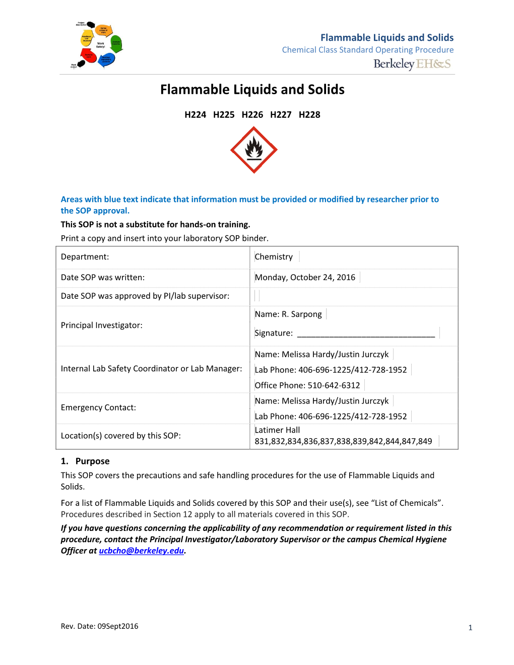 Flammable Liquids and Solids Chemical Class Standard Operating Procedure