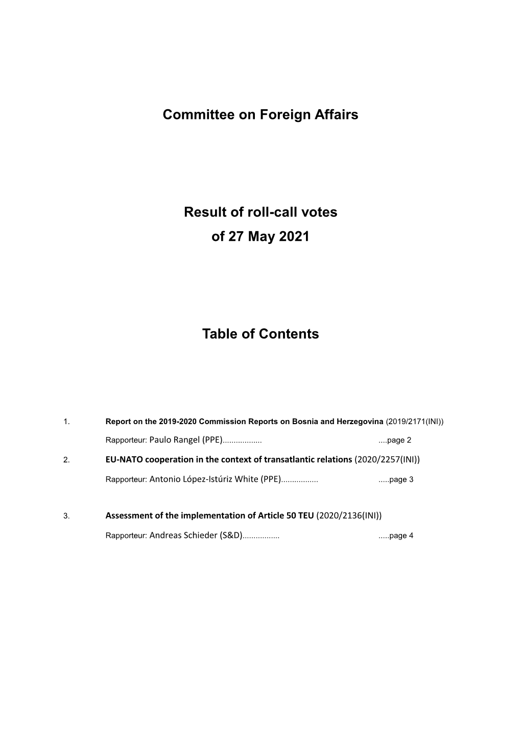 Committee on Foreign Affairs Result of Roll-Call Votes of 27 May 2021