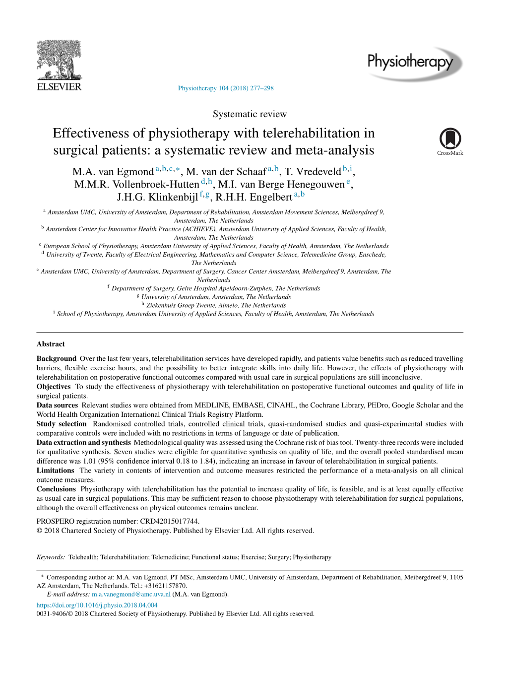 Effectiveness of Physiotherapy with Telerehabilitation in Surgical Patients: a Systematic Review and Meta-Analysis