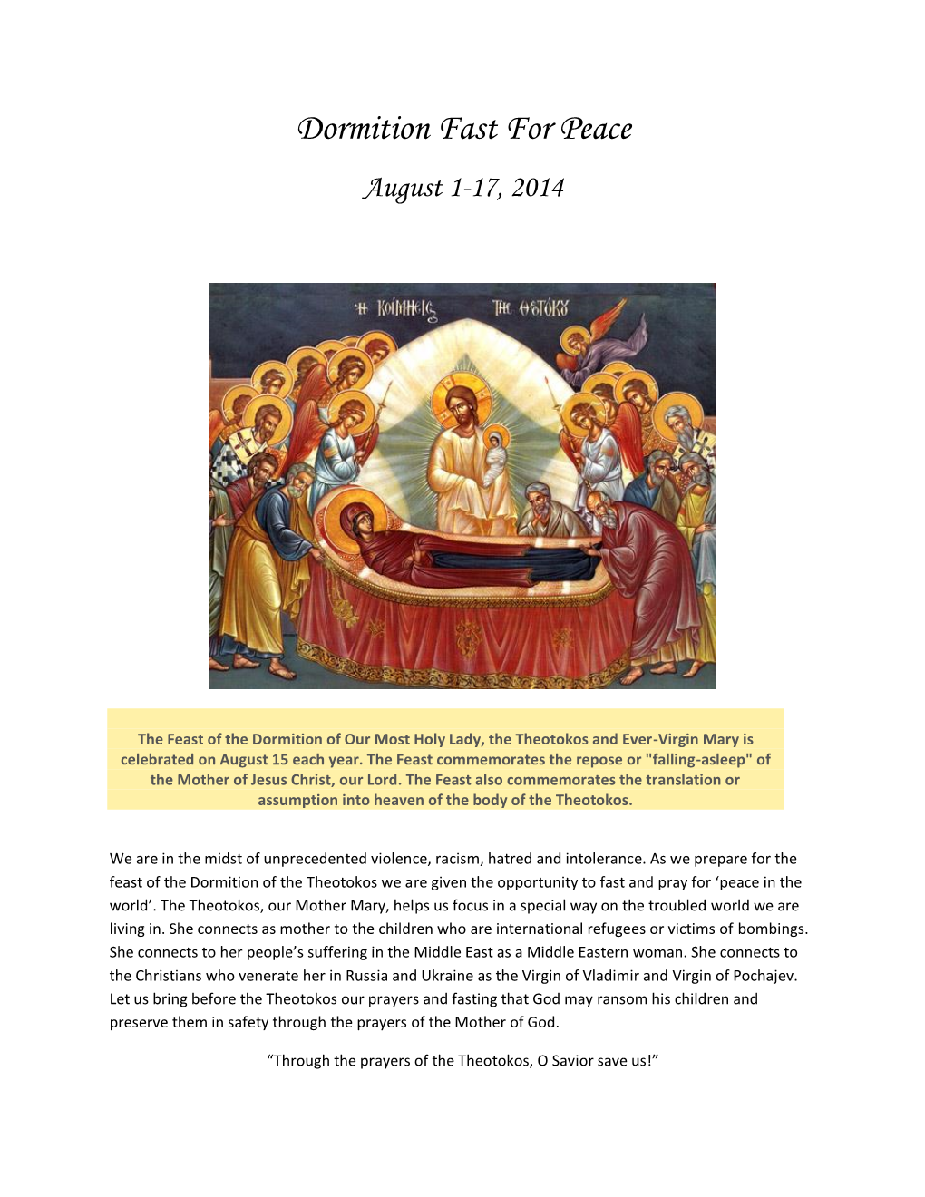 Dormition Fast for Peace August 1-17, 2014