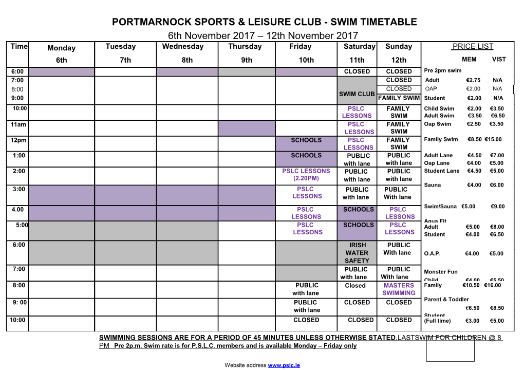 Portmarnock Sports & Leisure Club Timetable