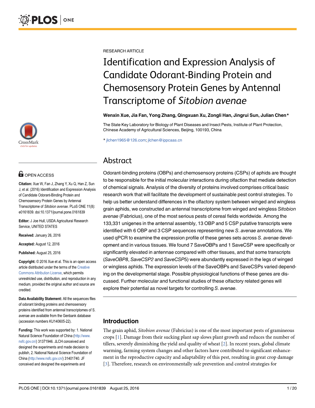 Identification and Expression Analysis of Candidate Odorant-Binding Protein and Chemosensory Protein Genes by Antennal Transcriptome of Sitobion Avenae