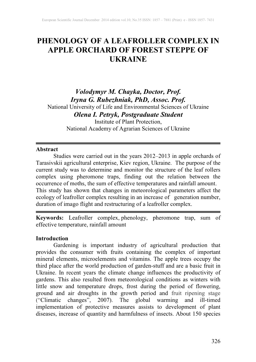 Phenology of a Leafroller Complex in Apple Orchard of Forest Steppe of Ukraine