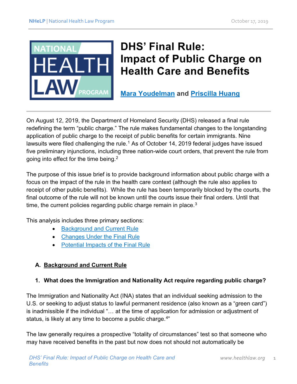 DHS' Final Rule: Impact of Public Charge on Health Care and Benefits