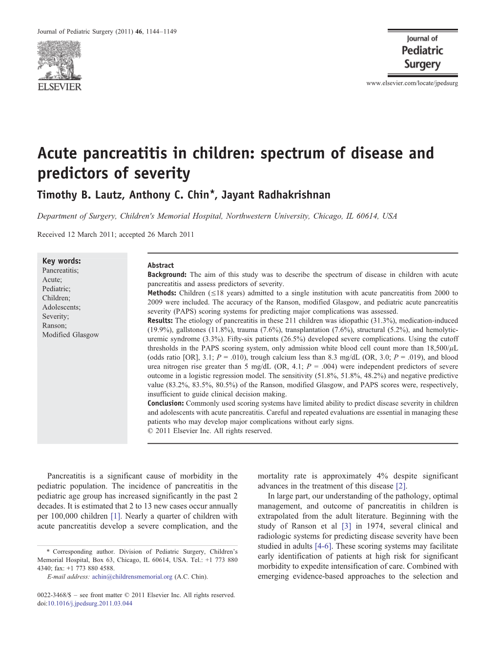 Acute Pancreatitis in Children: Spectrum of Disease and Predictors of Severity Timothy B