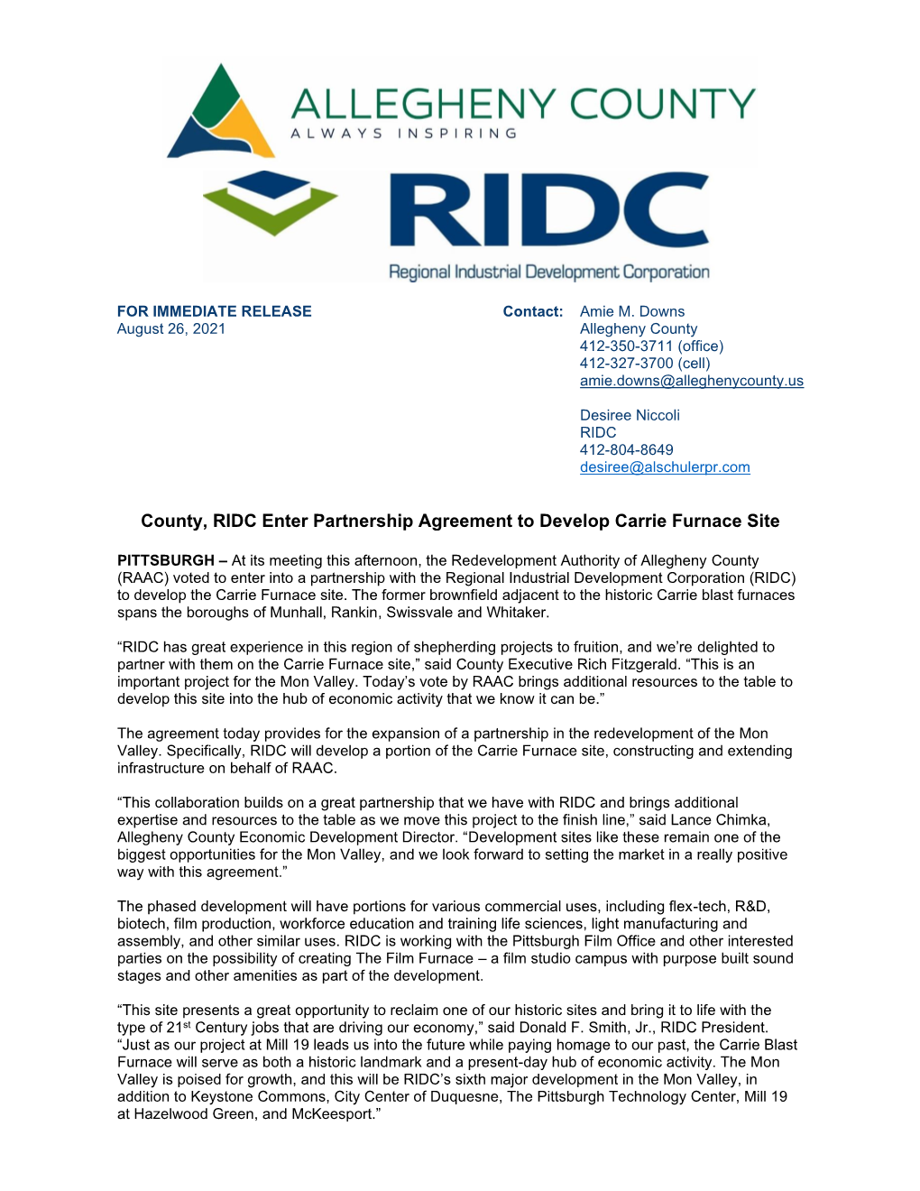 County, RIDC Enter Partnership Agreement to Develop Carrie Furnace Site