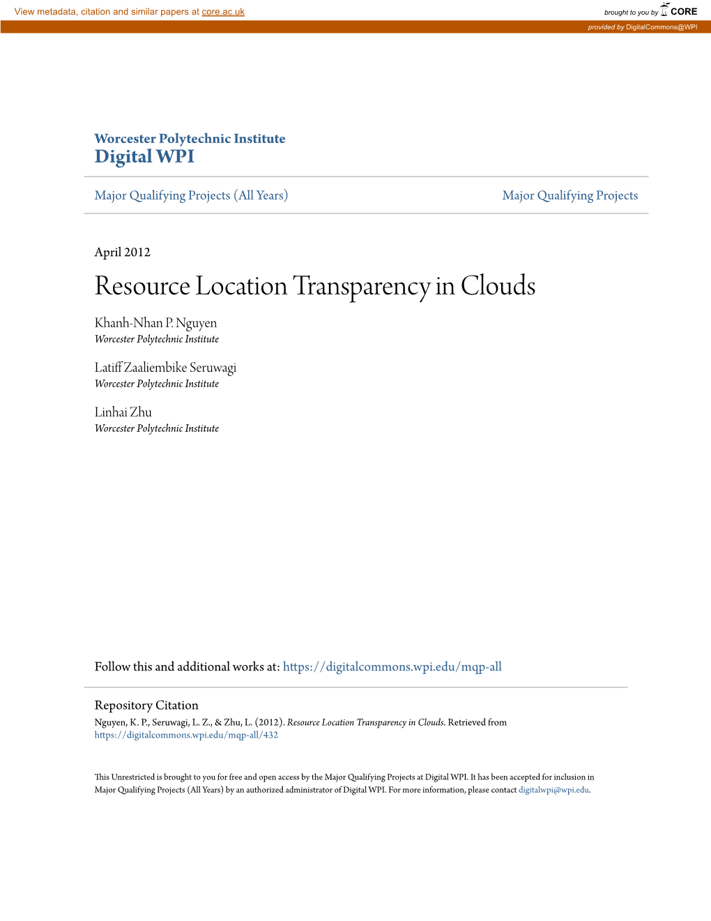 Resource Location Transparency in Clouds Khanh-Nhan P