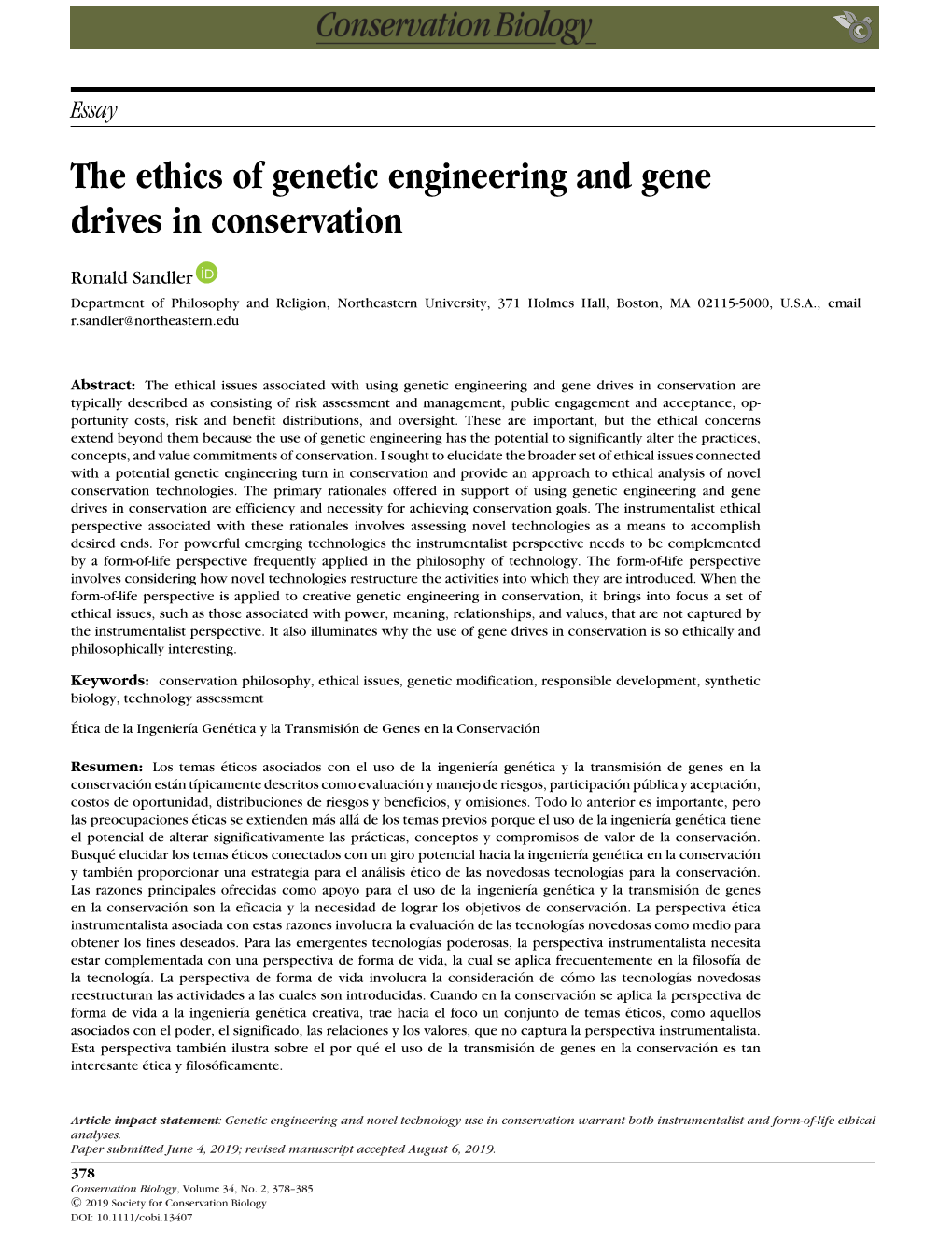 The Ethics of Genetic Engineering and Gene Drives in Conservation