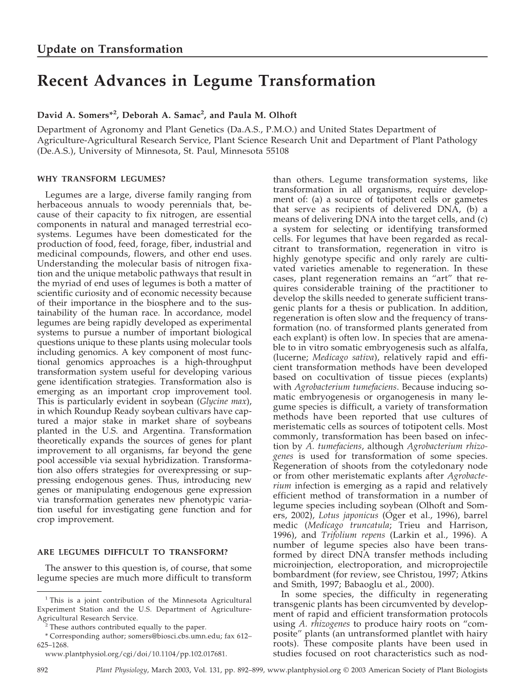 Recent Advances in Legume Transformation