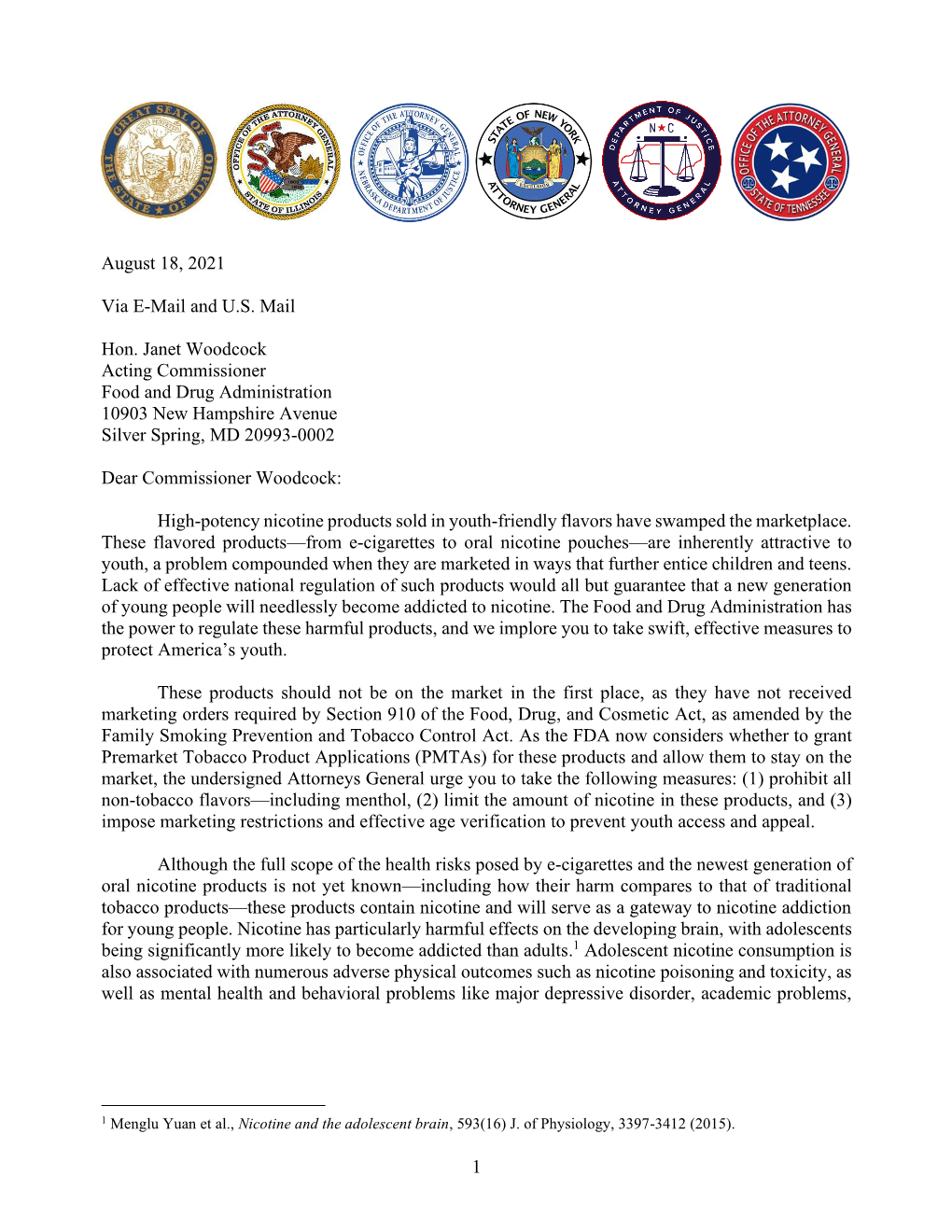 Letter to FDA Re: E-Cigarettes and Oral Products