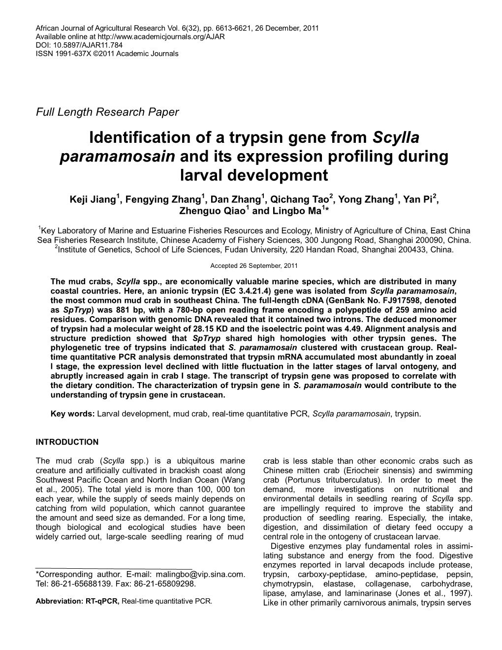 Identification of a Trypsin Gene from Scylla Paramamosain and Its Expression Profiling During Larval Development