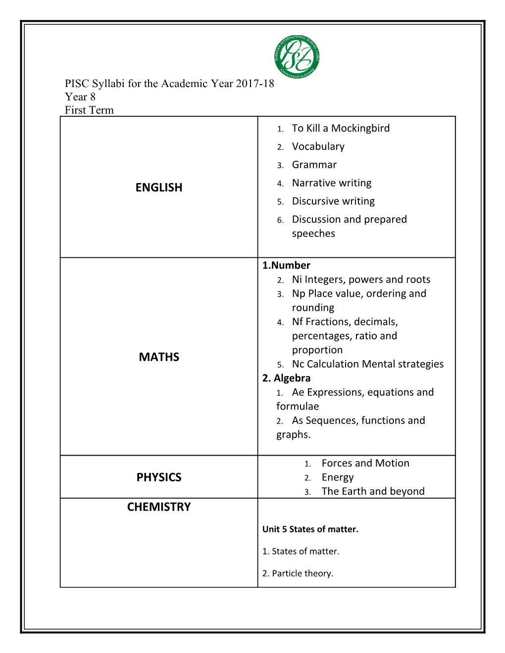 PISC Syllabi for the Academic Year 2017-18