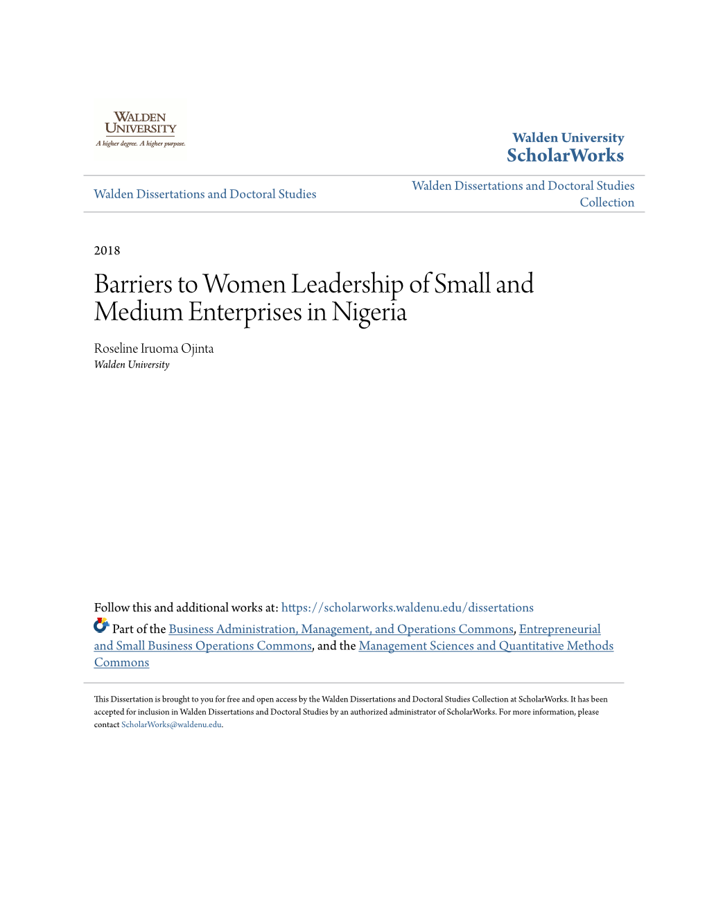 Barriers to Women Leadership of Small and Medium Enterprises in Nigeria Roseline Iruoma Ojinta Walden University