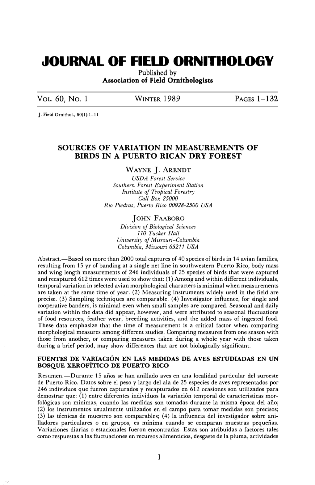 Sources of Variation in Measurements of Birds in a Puerto Rican Dry Forest