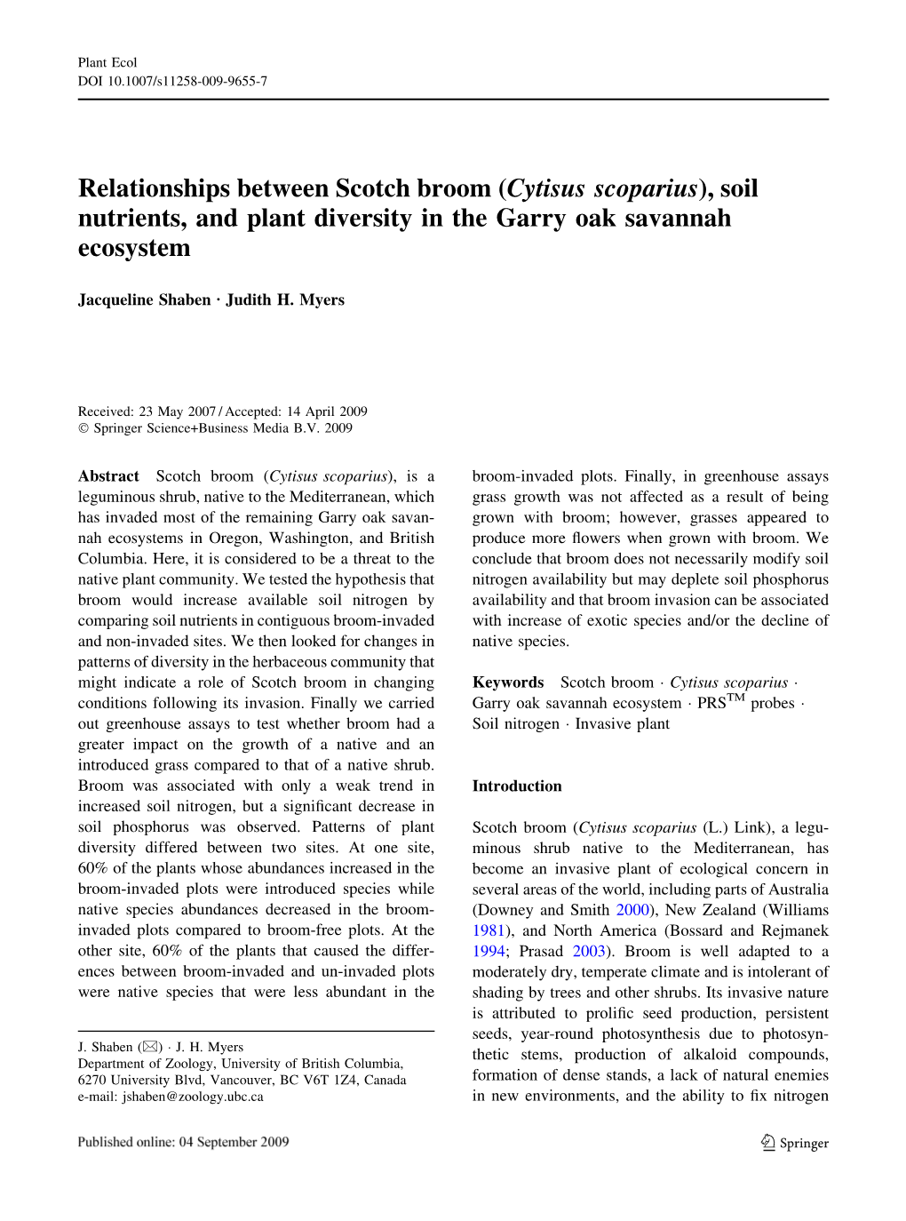 Relationships Between Scotch Broom (Cytisus Scoparius), Soil Nutrients, and Plant Diversity in the Garry Oak Savannah Ecosystem