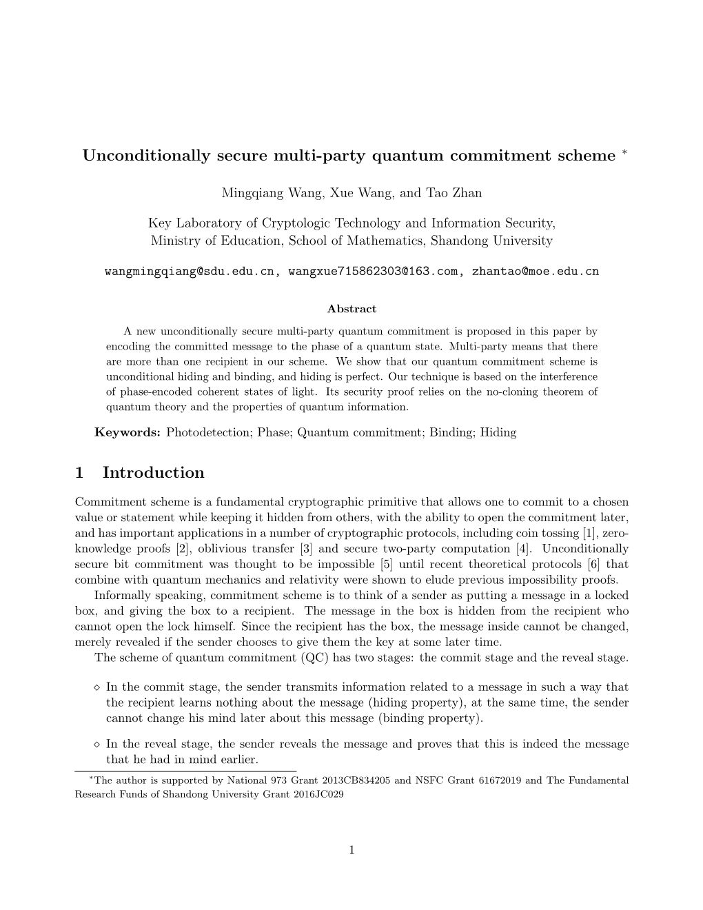 Unconditionally Secure Multi-Party Quantum Commitment Scheme 1 Introduction