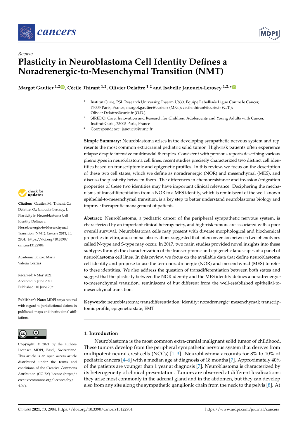 Plasticity in Neuroblastoma Cell Identity Defines a Noradrenergic-To
