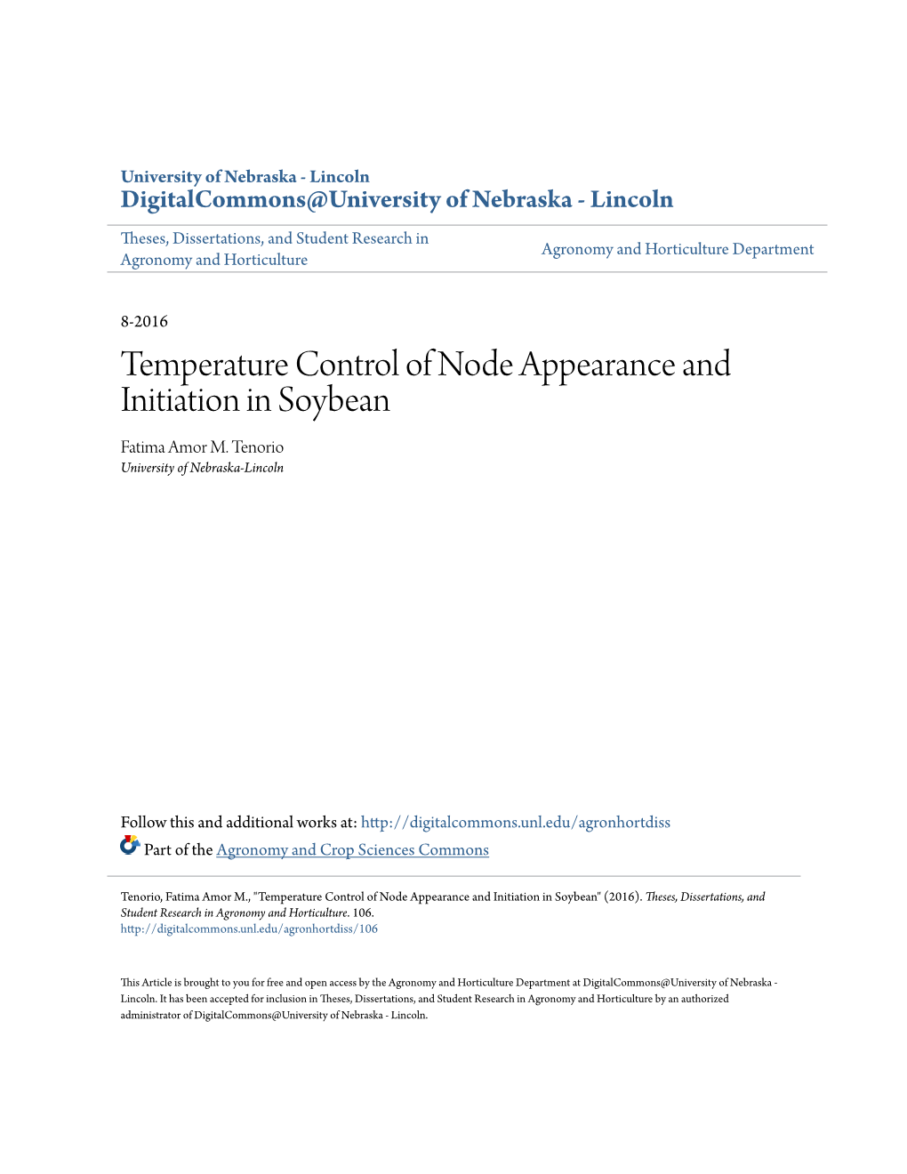 Temperature Control of Node Appearance and Initiation in Soybean Fatima Amor M